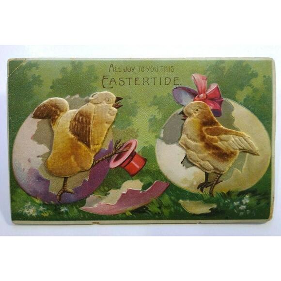 Easter Postcard 3-D Raised Image Fabric Fantasy Chicks On With Top Hat Germany - Picture 2 of 6